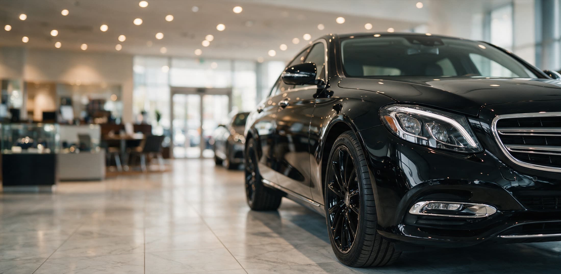 A new black Mercedes-Benz sedan in a dealership showroom